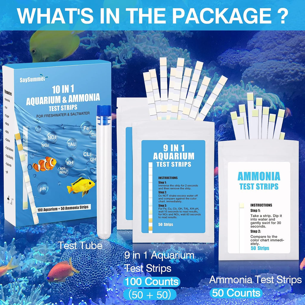 10 in 1 Ammonia Test Kit for Aquarium, 150ct Aquarium Ammonia Test Strips Freshwater Saltwater, Fish Tank Aquarium