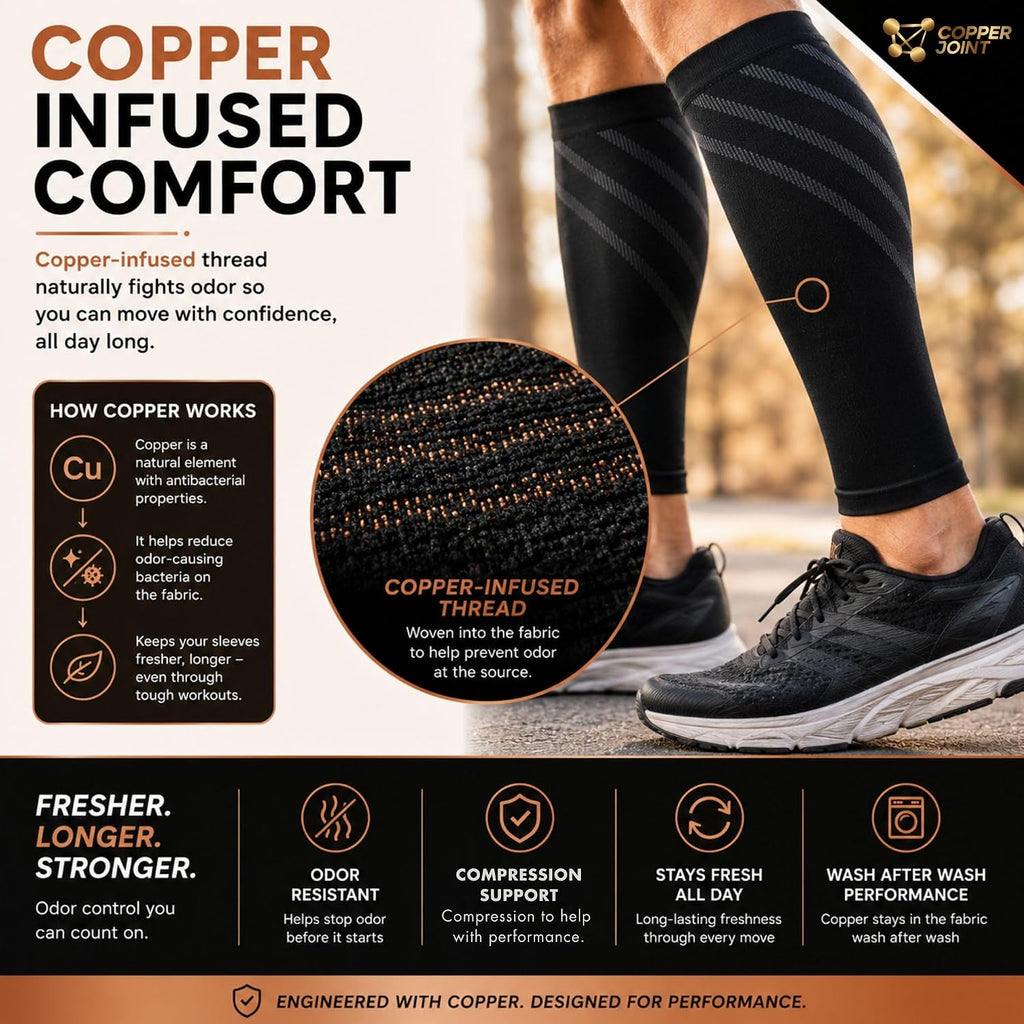 Calf Compression Sleeve for Men & Women Medium Copper Stripe-Firm Snug Fit Support for Shin Splints, Cramps, Varicose