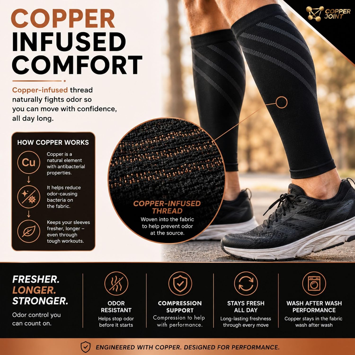 Calf Compression Sleeve for Men & Women Medium Copper Stripe-Firm Snug Fit Support for Shin Splints, Cramps, Varicose