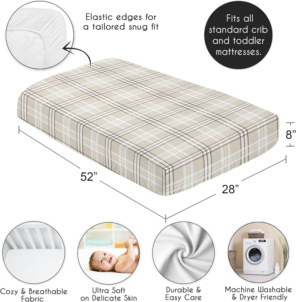 Fitted Baby Crib Sheets (Tan Gingham Plaid) for Boys or Girls, Infant Nursery, Toddler Room - Standard Size (Taupe