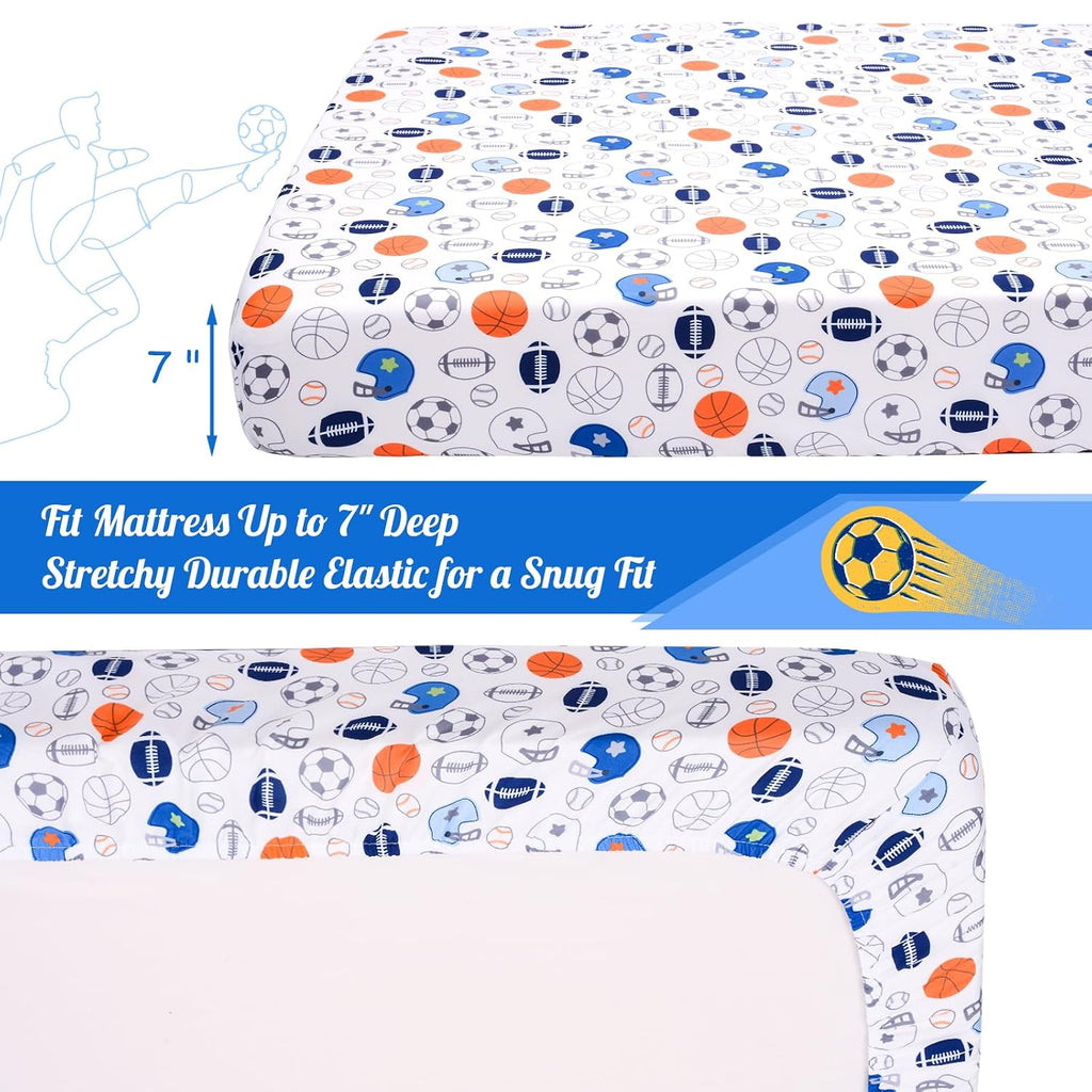 Crib Sheet - 1 Pack Sports Theme Nursery Bedding Sheet - Footballs Printed Standard Size Infant Bed Sheet Basketball