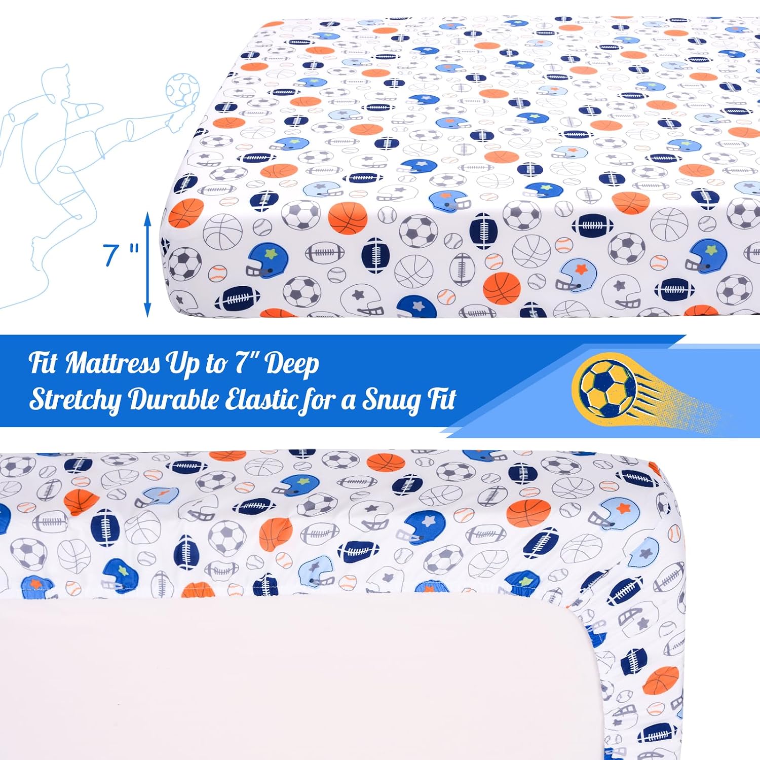 Crib Sheet - 1 Pack Sports Theme Nursery Bedding Sheet - Footballs Printed Standard Size Infant Bed Sheet Basketball