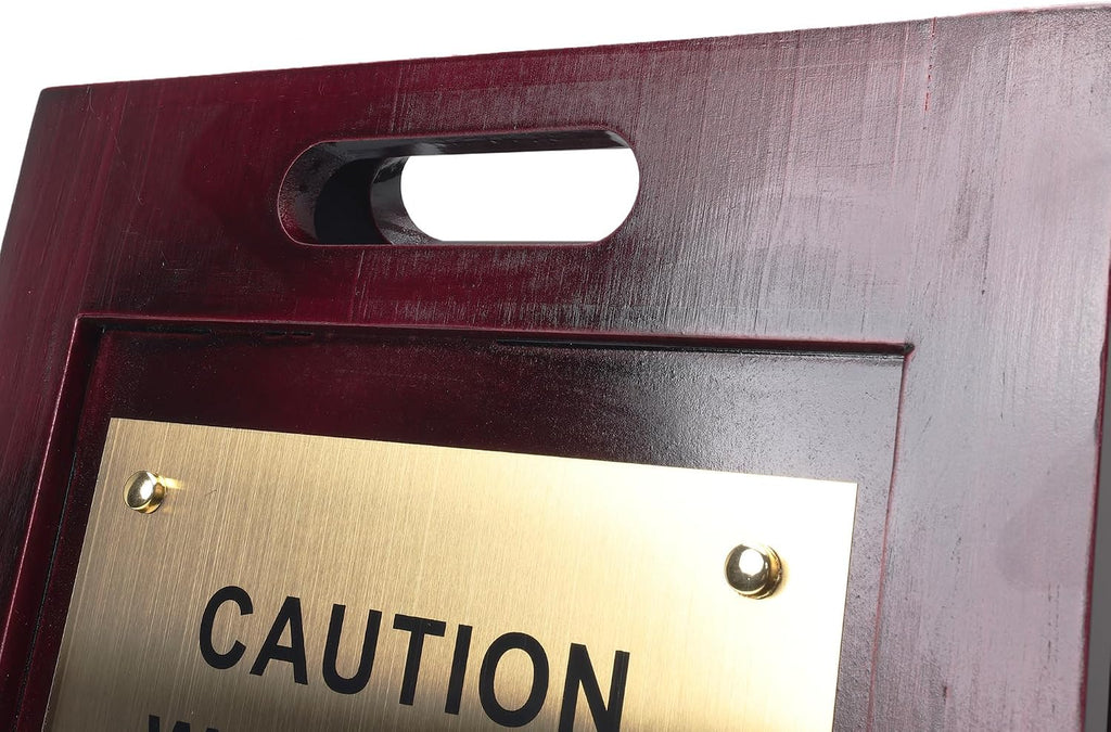 Wooden Caution Wet Floor Sign, Bilingual, Non-Skid Feet, Brass Plate | Premium wet floor sign w/ bilingual warning
