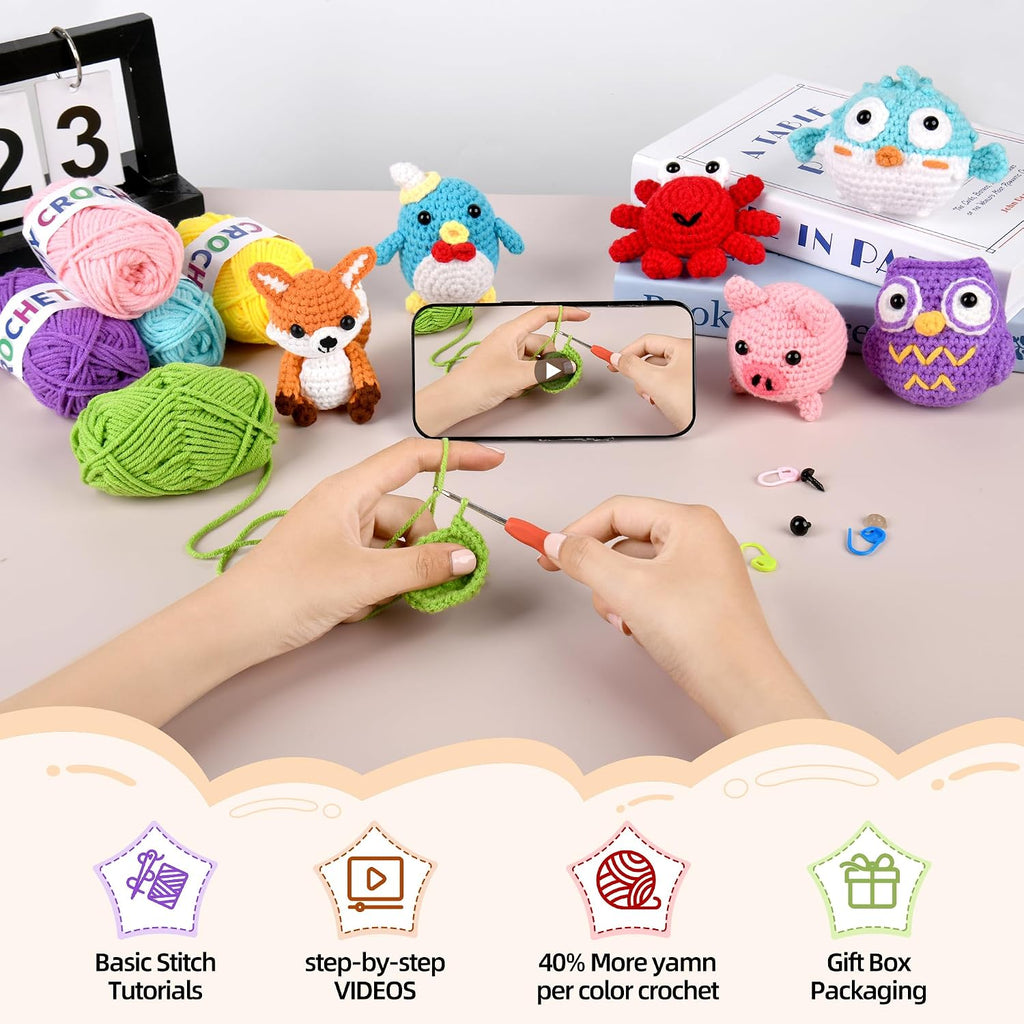 2026 Upgraded 8Pcs Christmas Crochet Kit for Beginners – DIY Animal Set with Step-by-Step Video Guides, Premium Yarn