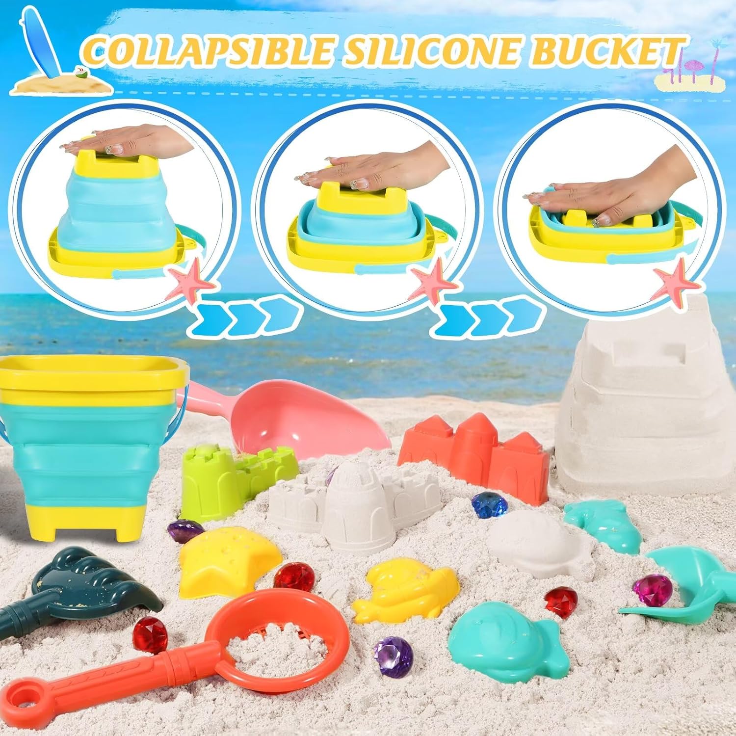 Beach Sand Toys Set,Travel Sand Toys Beach Essentials for Kids Age 3-10 | Sand Castle Building Kit with 2 Collapsible