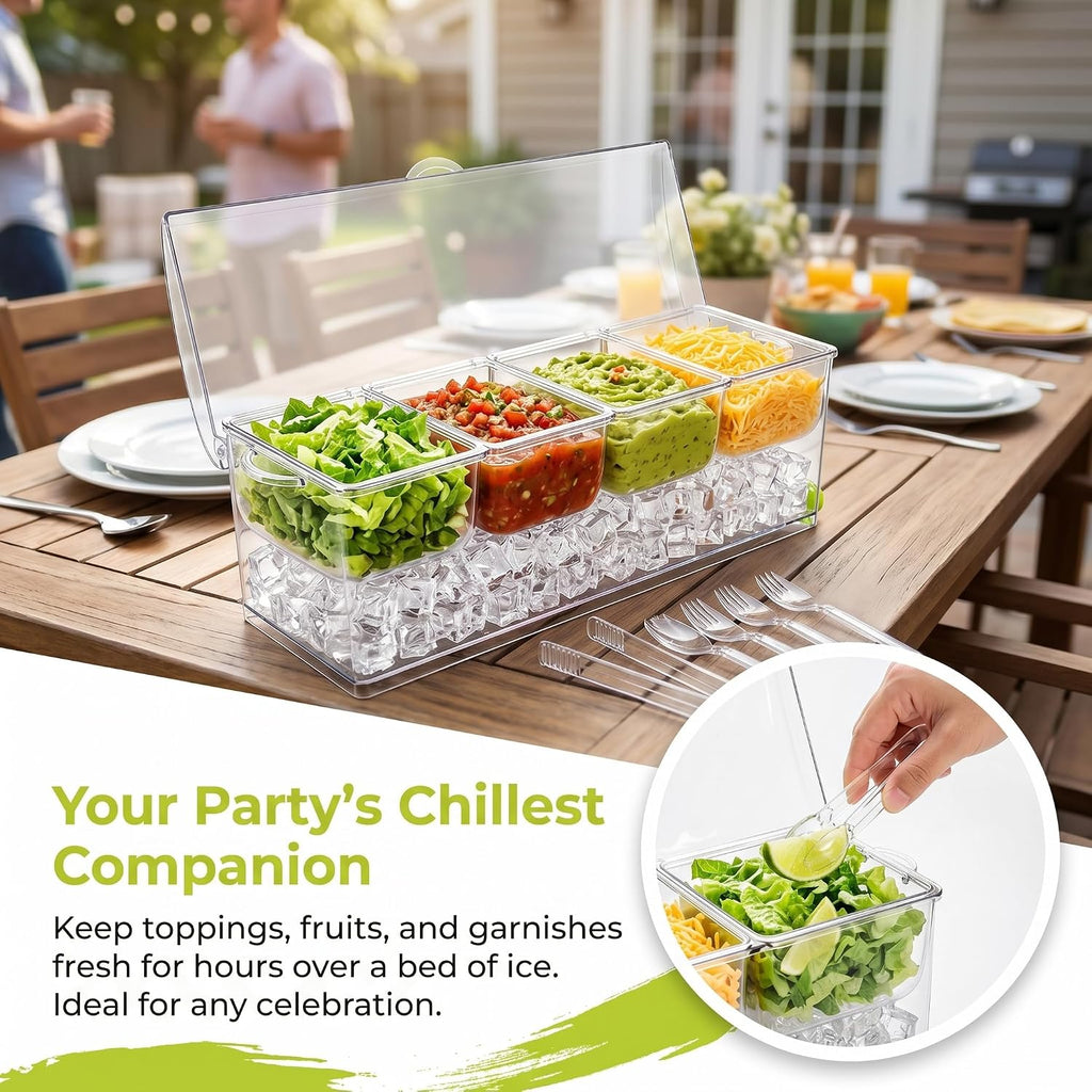 Large Ice Chilled Condiment Server with Lid, 4 Compartments Chilled Condiment Caddy, Bar Garnish Serving Platter