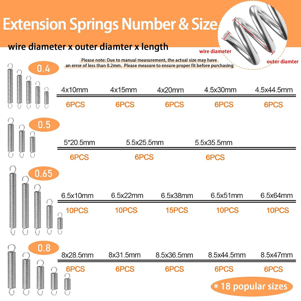 133 PCS Extension Spring Assortment Kit 18 Different Sizes Small Spring Zinc Plated Extension Springs for Home