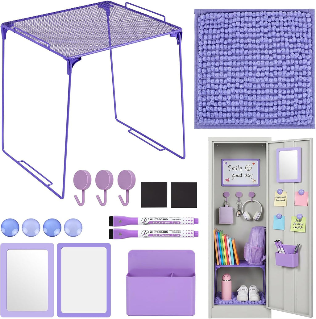 Purple Locker Organizer Accessories with Locker Shelf Whiteboard Mirror Pen Blanket Magnetic Pen Holder Hook Round