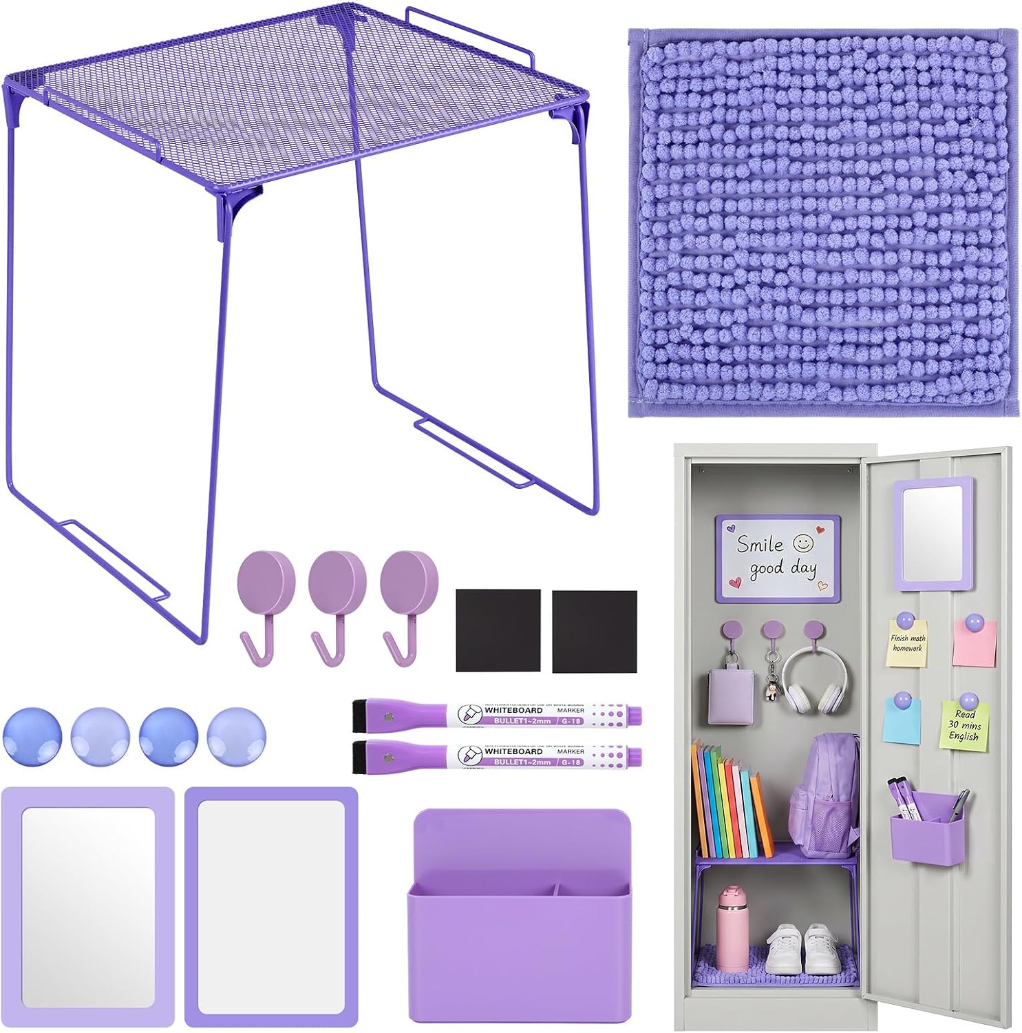 Purple Locker Organizer Accessories with Locker Shelf Whiteboard Mirror Pen Blanket Magnetic Pen Holder Hook Round