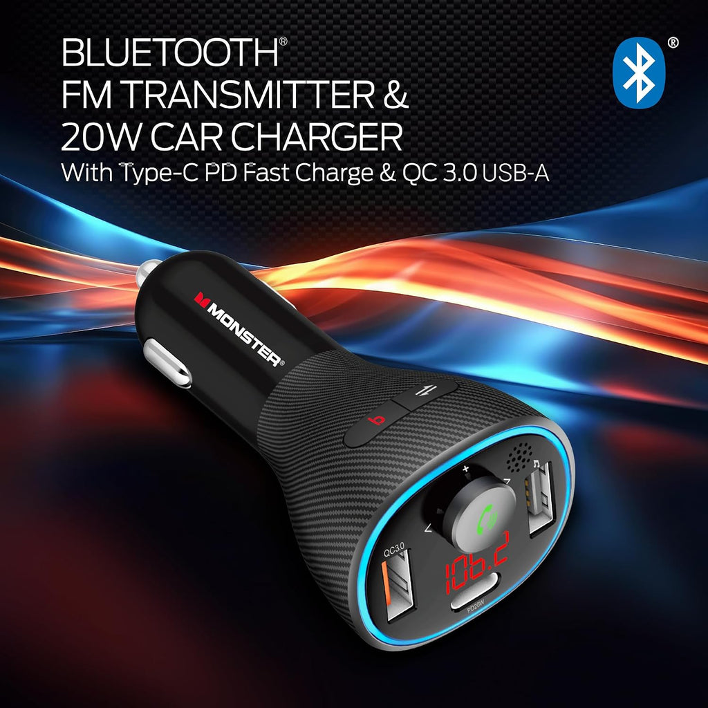 Monster Bluetooth FM Transmitter for Car Cigarette Lighter with 20W QC3.0 USB A & USB C PD Charger, Bass Boost