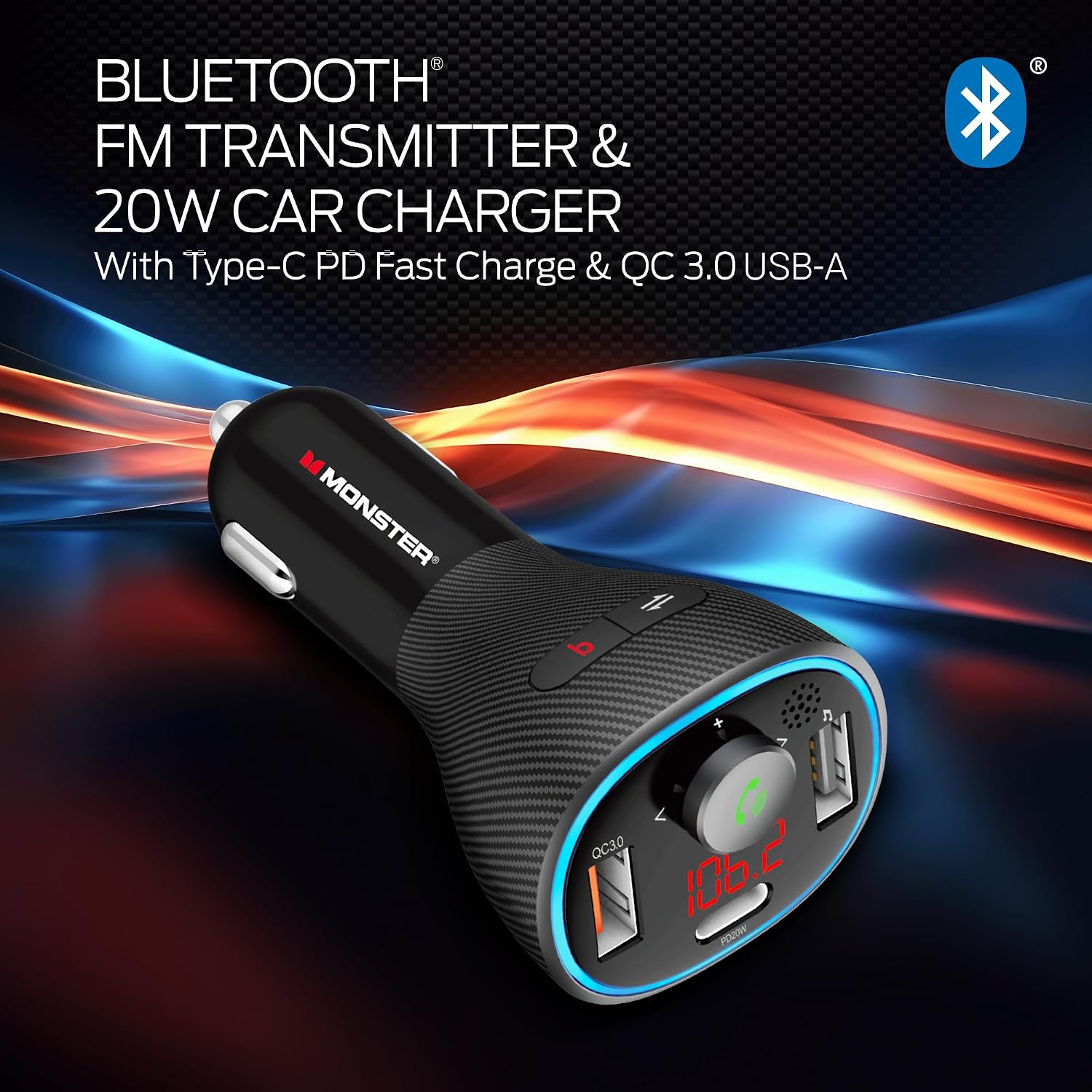 Monster Bluetooth FM Transmitter for Car Cigarette Lighter with 20W QC3.0 USB A & USB C PD Charger, Bass Boost