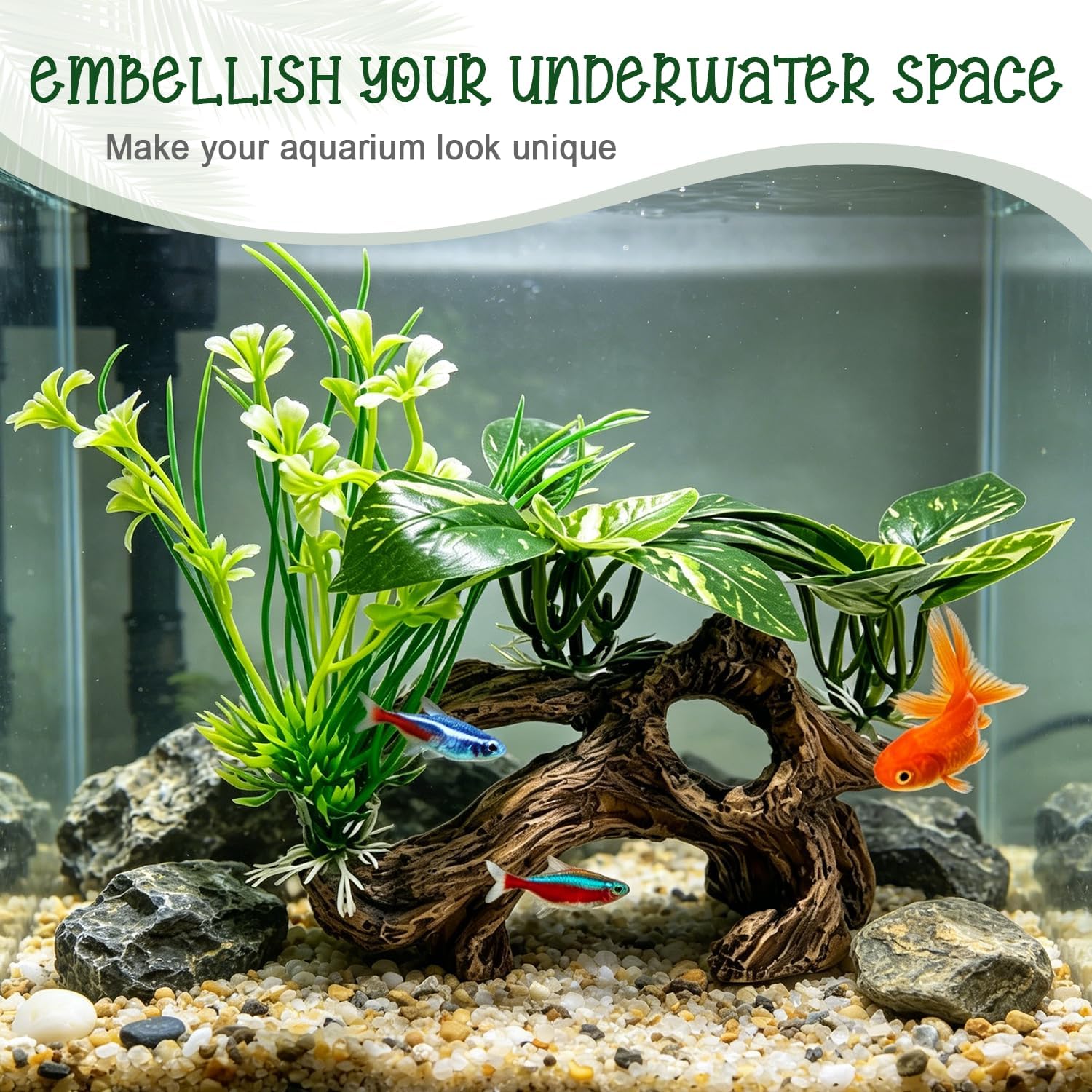 Fish Tank Decor, Artificial Driftwood Cave with Silk Aquarium Plants | Realistic Hideout Ornament for Betta, Small