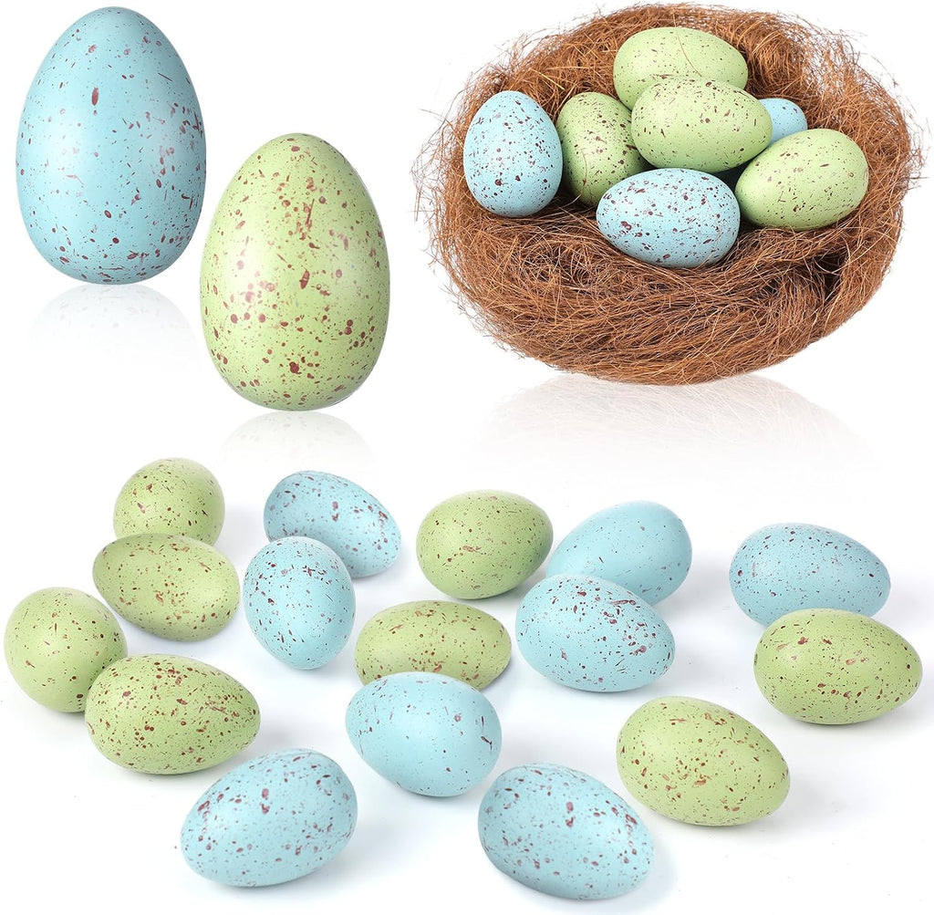16 Pcs Pastel Easter Eggs with Chicken Nest Easter Table Centerpiece Plastic Green Blue Speckled Eggs for Spring
