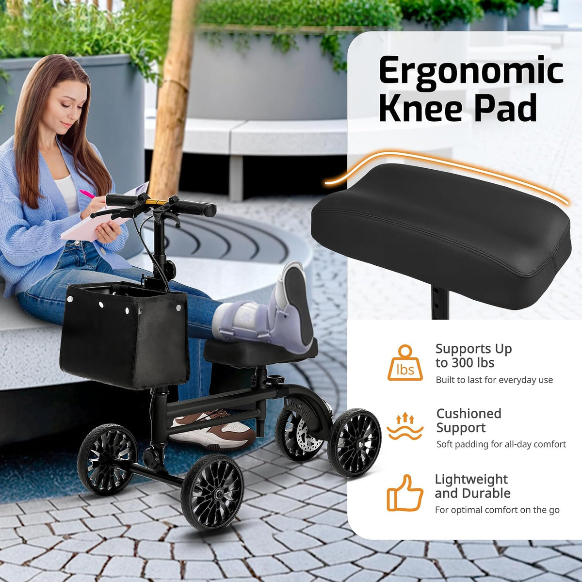 Steerable Knee Scooter Walker for Adults, Black