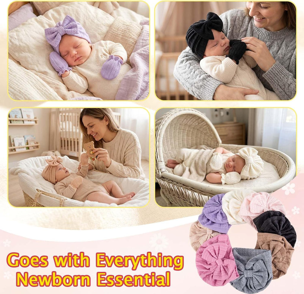 8 Sets Newborn Baby Girl Bow Hats and Mittens Turban Beanies 0-3M
