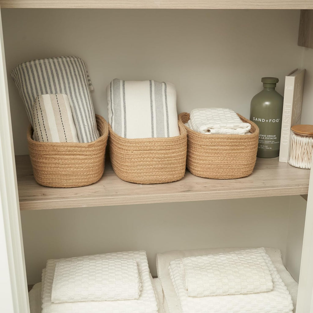 Beautiful Storage Basket Set of 3 - Sturdy Jute Rope Baskets for Shelves Are Perfect for Organizing Your Home
