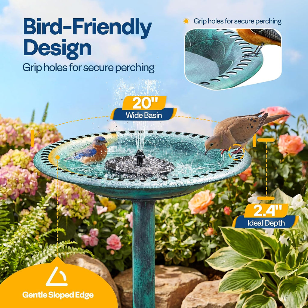 Bird Bath with Solar Fountain for Outside, Pedestal, Green