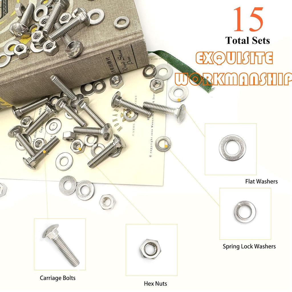 15 Sets 1/4"-20 x1-1/4 Carriage Bolts Round Head Square Neck Screws with Hex Nuts Flat Washers Spring Lock Washers