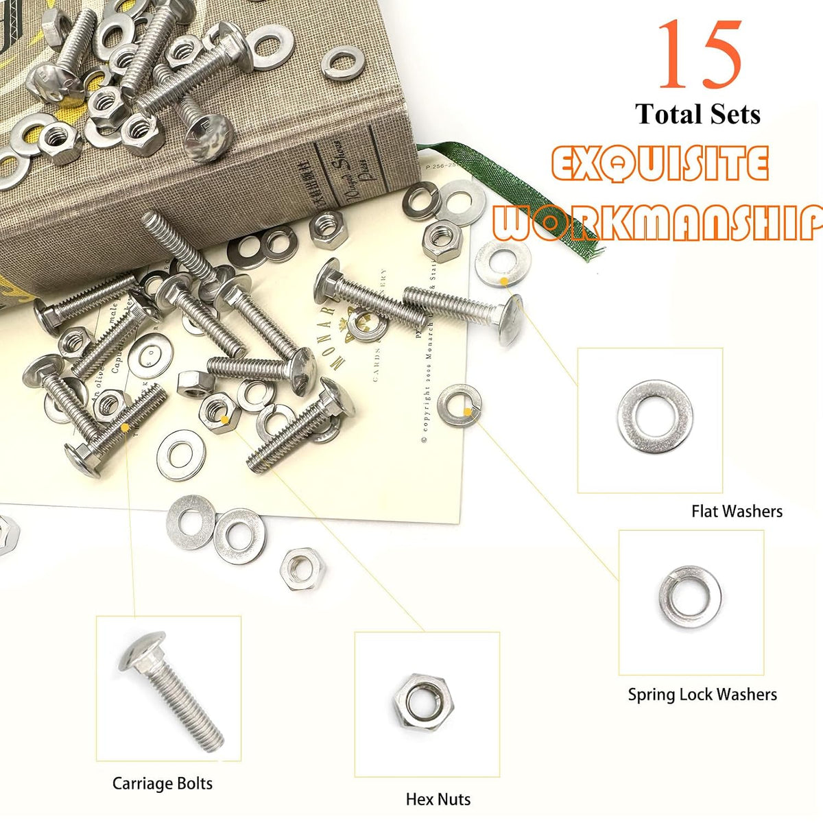 15 Sets 1/4"-20 x1-1/4 Carriage Bolts Round Head Square Neck Screws with Hex Nuts Flat Washers Spring Lock Washers
