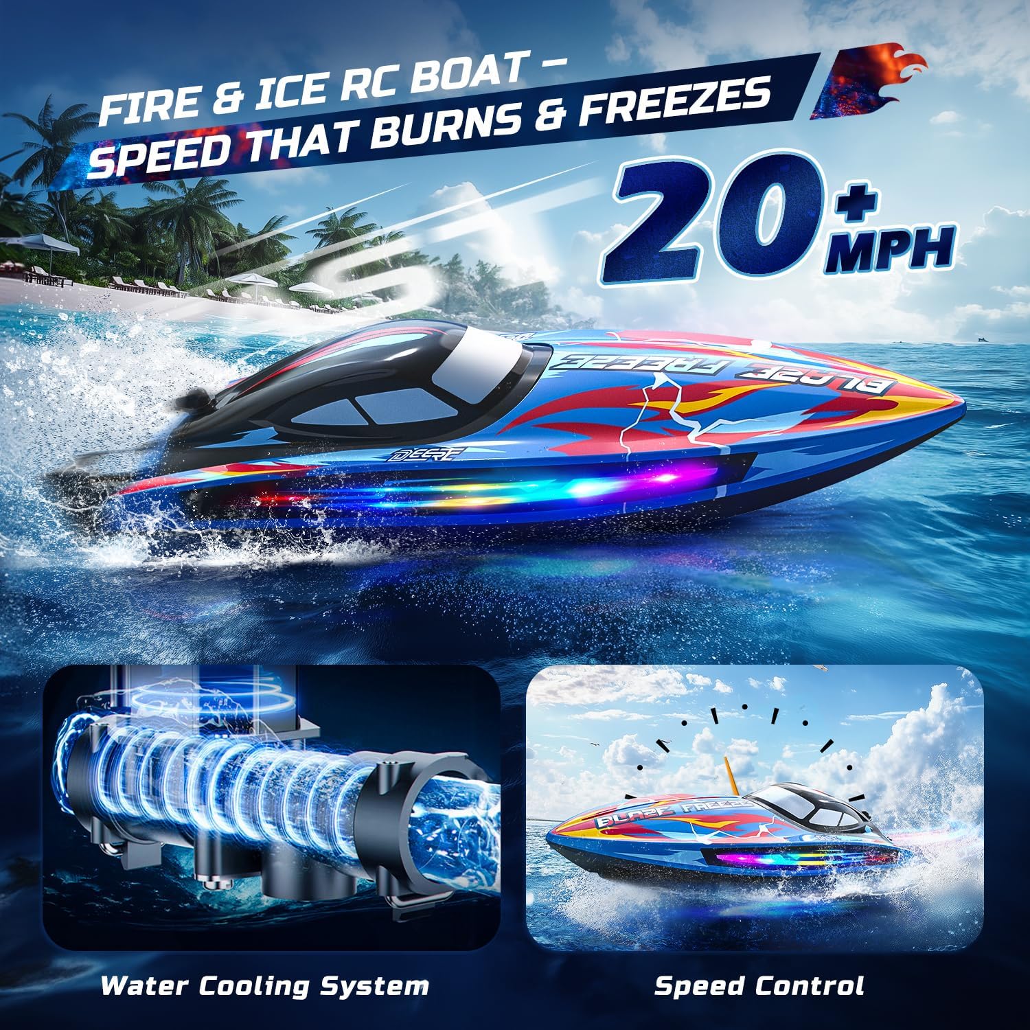 Fast RC Boat for Pool & Lake, 20+MPH, 40+ Mins, 7 LED Light Modes | Self Righting Remote Control Racing Speed Boat