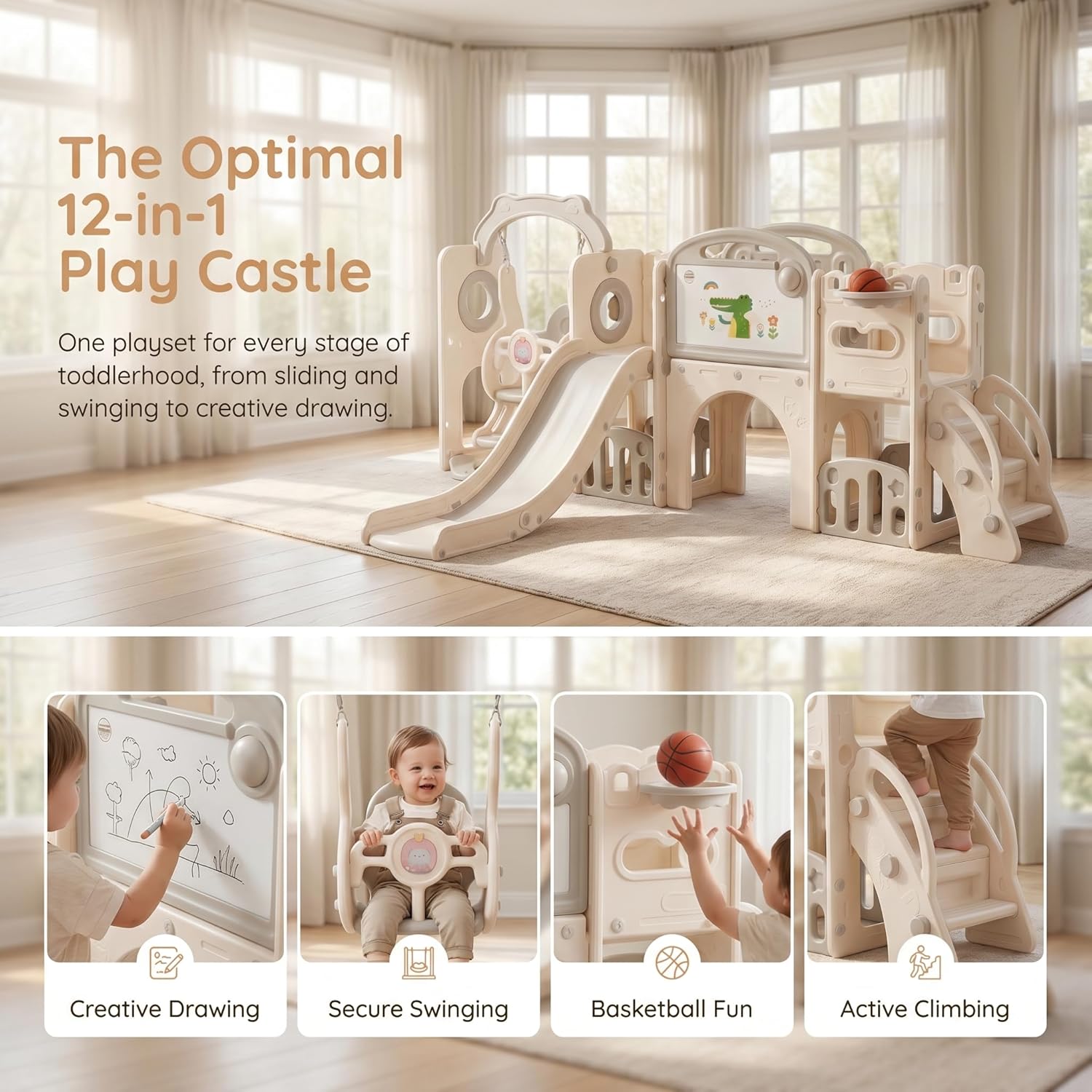 Toddler Playsets Slide for Backyard Indoor 12-in-1 Swing Set Outdoor Freestanding Climber Playground Playset with