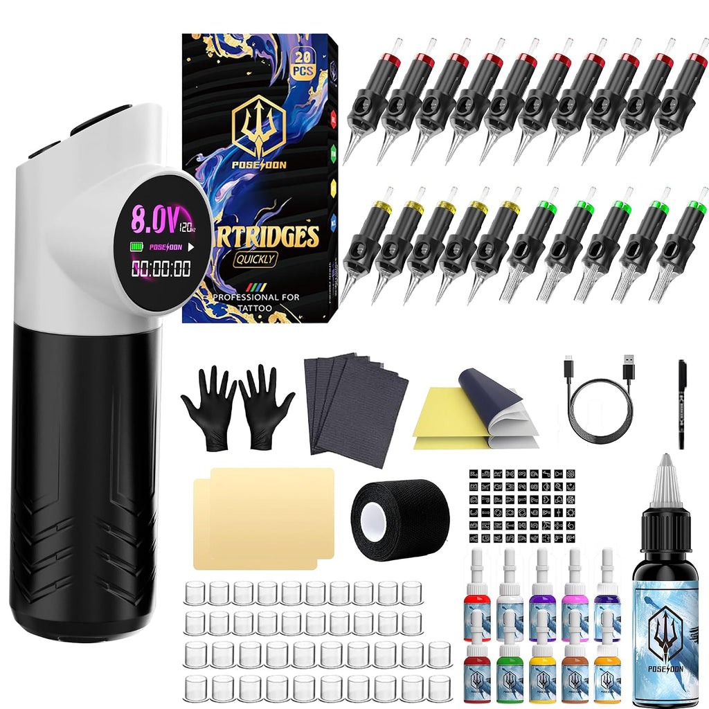 Panda Design Tattoo Gun with Paw Buttons, Wireless Tattoo Pen Machine Kit with Battery, Ink, 20 Cartridge Needles, 4