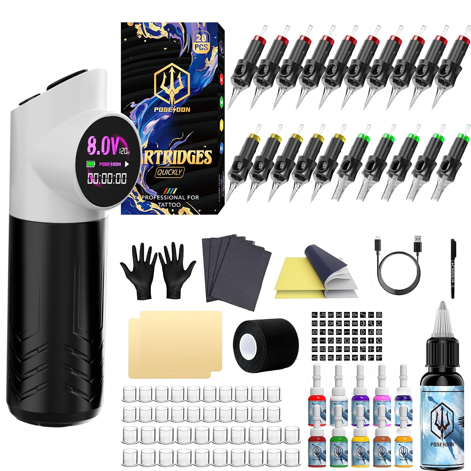Panda Design Tattoo Gun with Paw Buttons, Wireless Tattoo Pen Machine Kit with Battery, Ink, 20 Cartridge Needles, 4