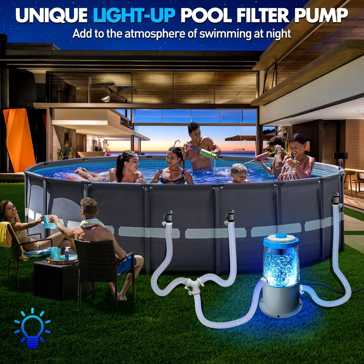 1000 GPH Light-Up Pool Filter Pump for Above Ground Pool|Built-in Blue LED Light,Transparent Housing for Real-Time