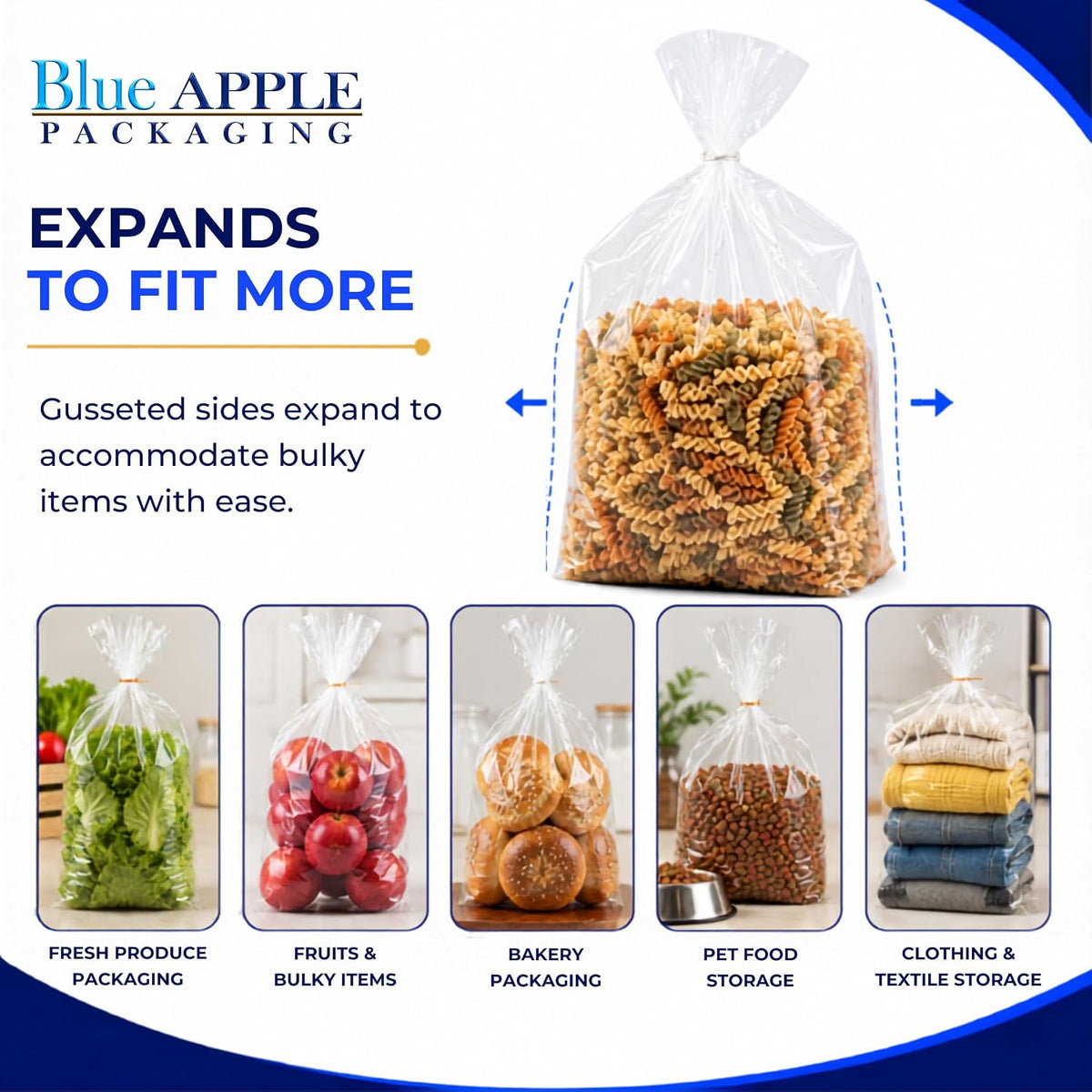 Clear Gusseted Bag 2 Mil, 10" X 8" X 24" & 500 Bags | LDPE Material, For Food Packaging, Storage & Display | Heat
