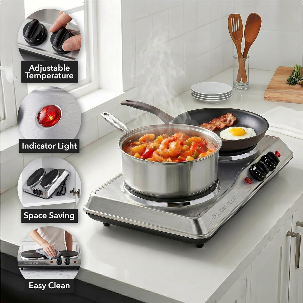 Electric Cast Iron Double Burner, 1700W Hot Plate, Silver BGS102S