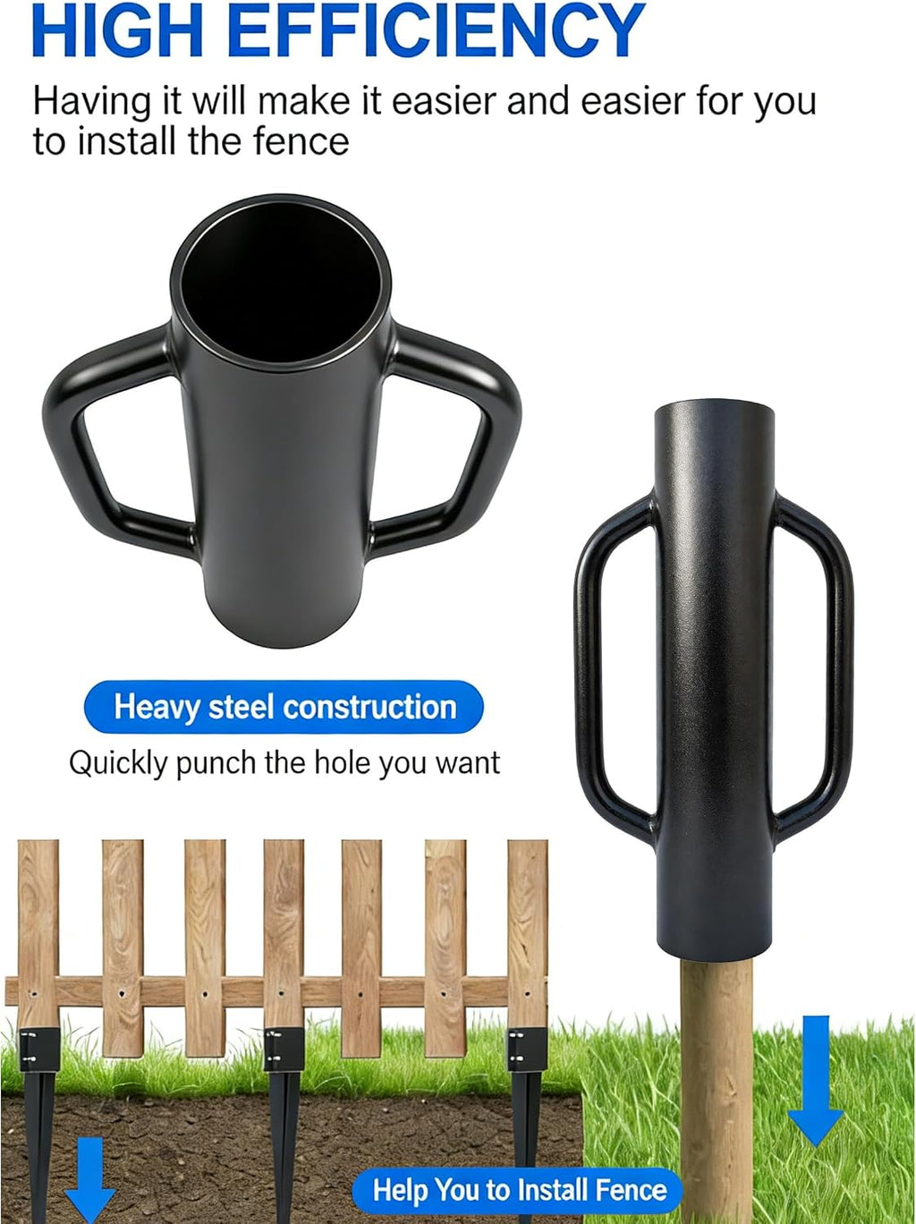 16 Inch Black Fence Post Driver with Handle 12 LB Steel T Post Pounder Portable Hand Post Rammer for Wooden Posts U