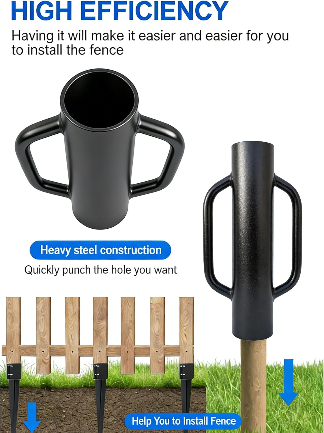 16 Inch Black Fence Post Driver with Handle 12 LB Steel T Post Pounder Portable Hand Post Rammer for Wooden Posts U