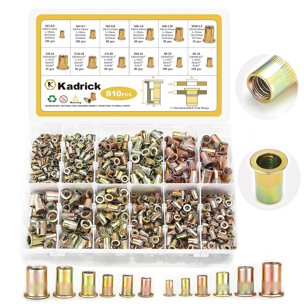 KADRICK 810PCS SAE & Metric Rivet Nut Kit, 6-32 to 3/8-16, M3-M10