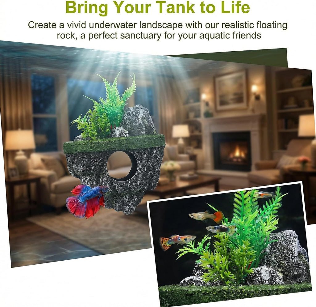 Floating Aquarium Decor, Fish Tank Decorated Rock for Betta Fish Guppies Goldfish Shrimps Hermit Crabs Realistic Rock