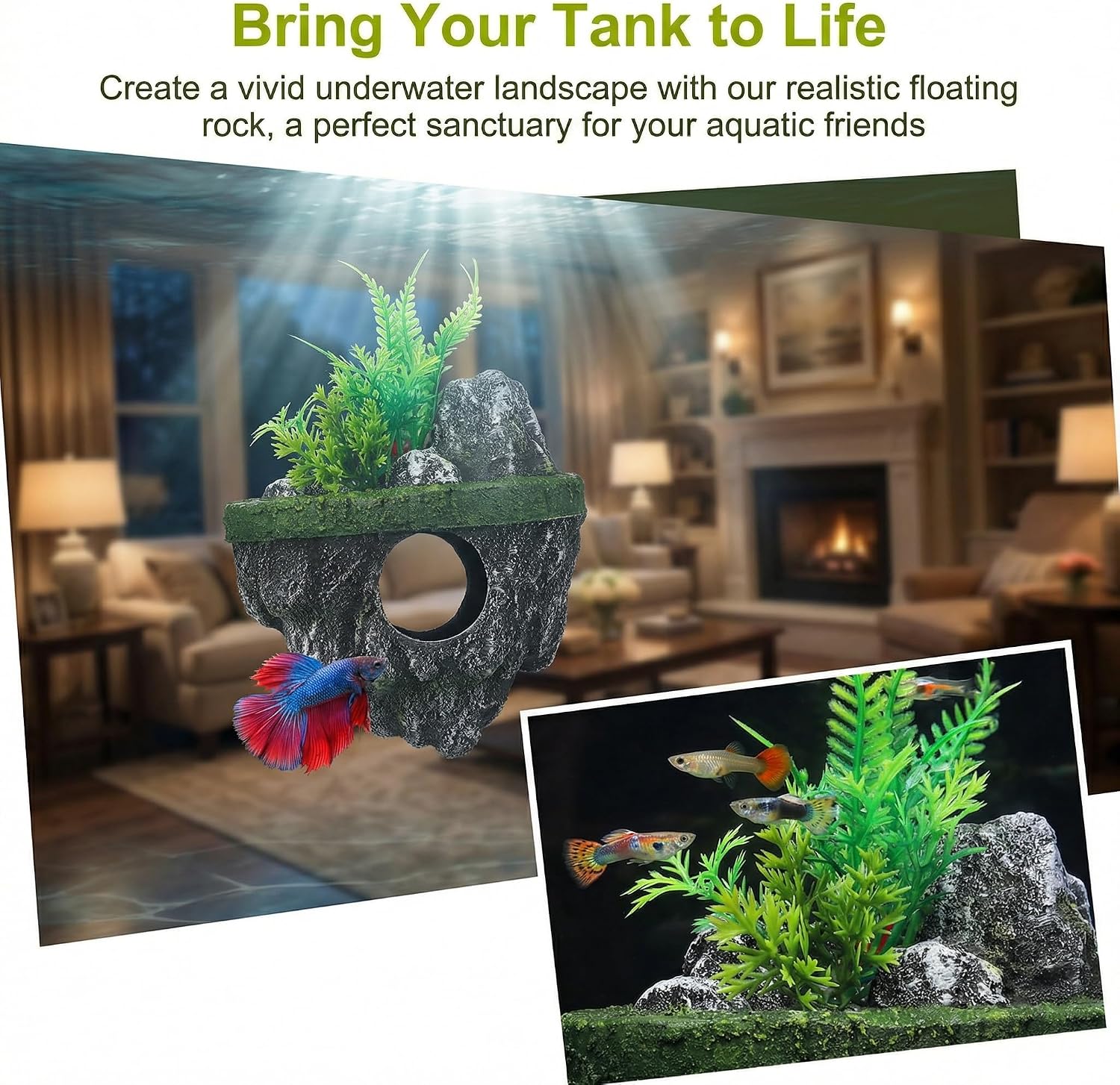 Floating Aquarium Decor, Fish Tank Decorated Rock for Betta Fish Guppies Goldfish Shrimps Hermit Crabs Realistic Rock