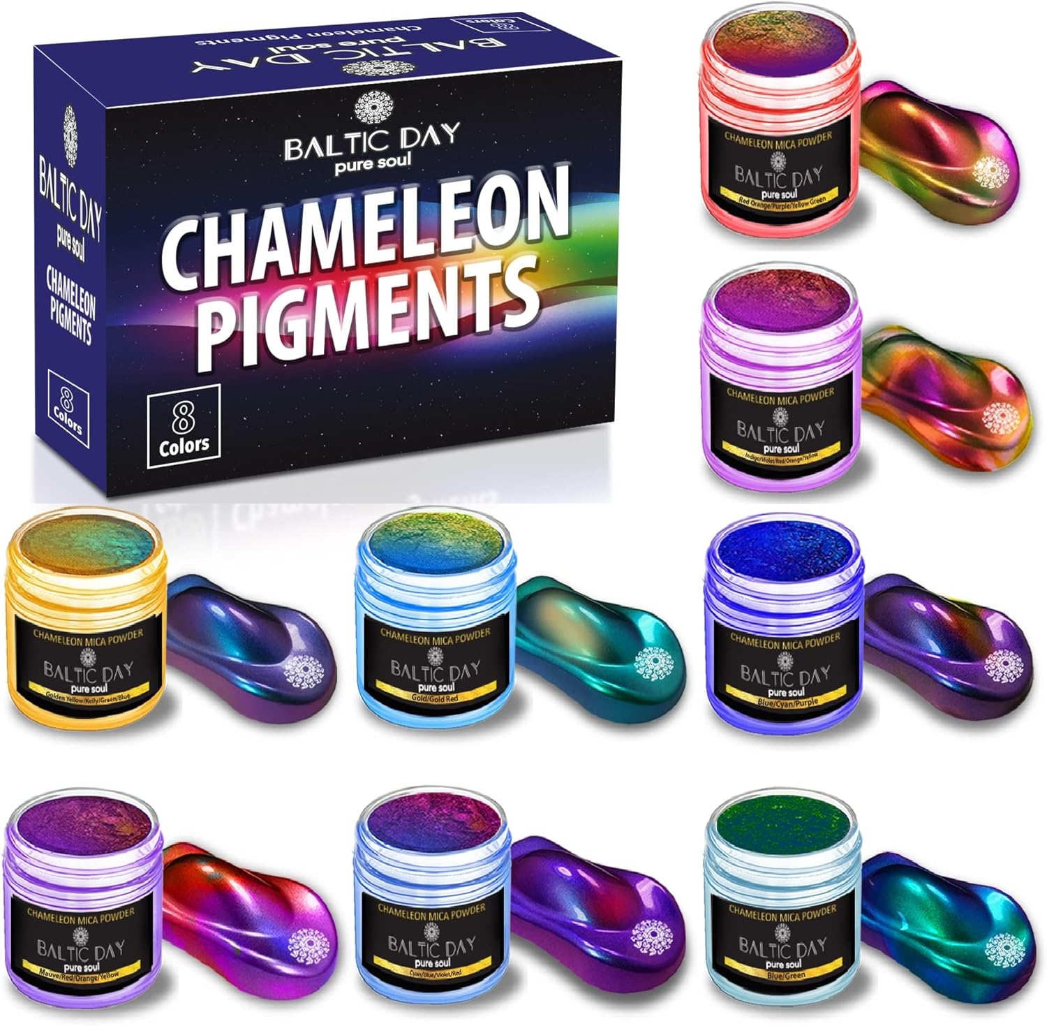 Chameleon Mica Powder, 8 Jars of Color Shift Mica Set - Epoxy Resin Color Pigment - Chameleon Powder Glitter