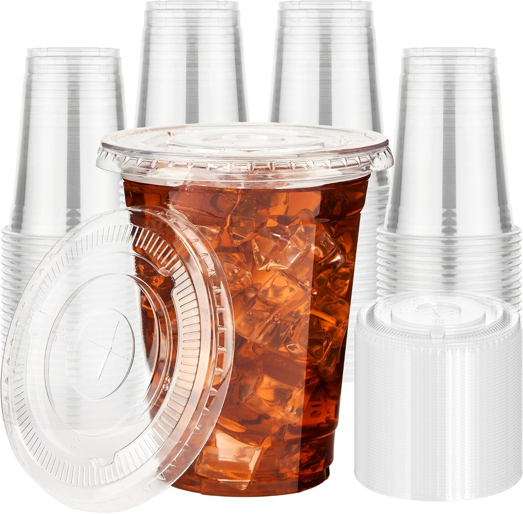 16 oz 50 Pack Clear Plastic Cups with Flat Lids, Disposable Cups With Straw Slot Lids for Cold Drinks