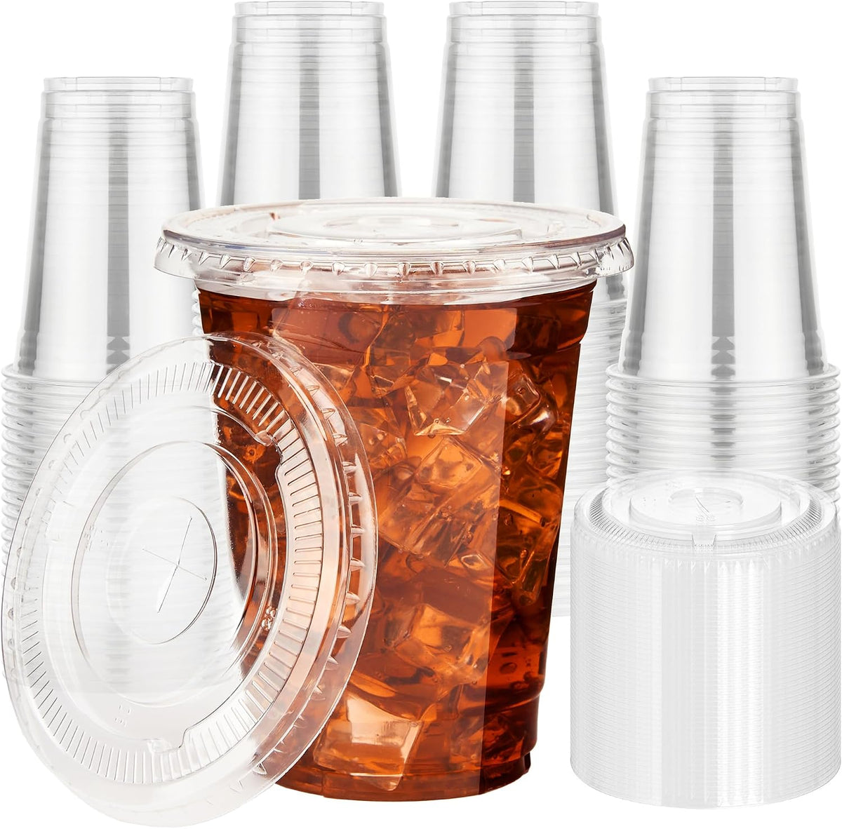 16 oz 50 Pack Clear Plastic Cups with Flat Lids, Disposable Cups With Straw Slot Lids for Cold Drinks