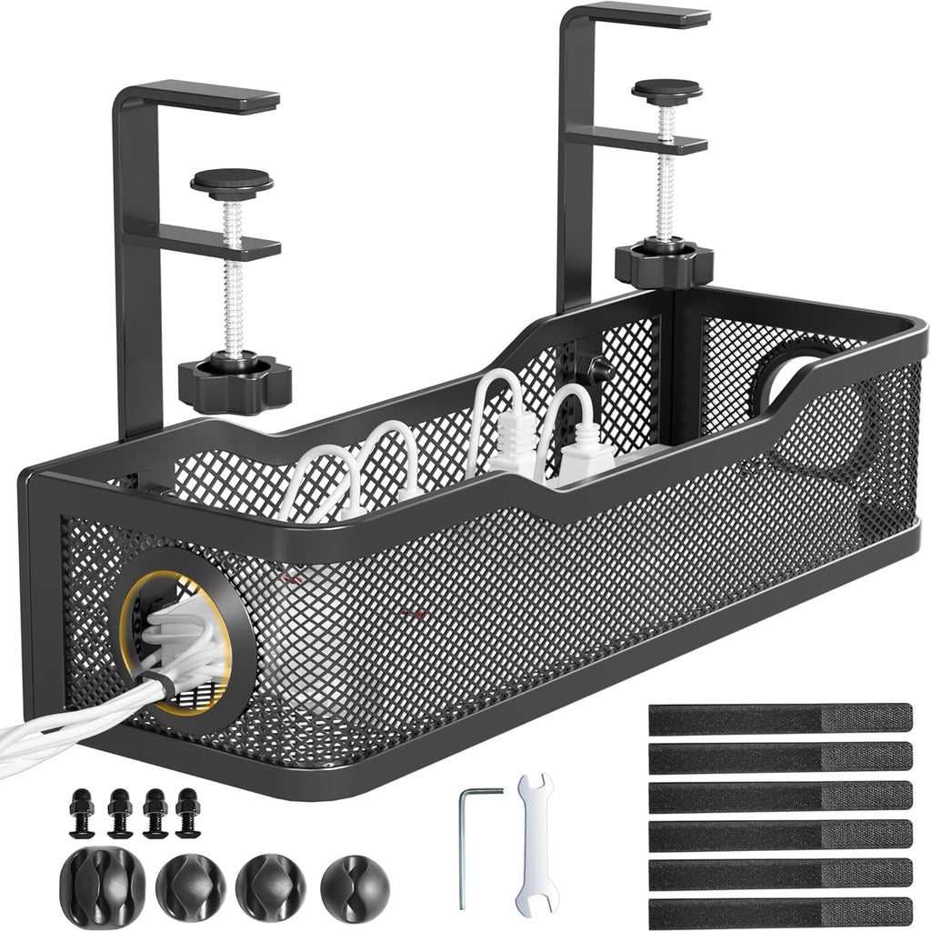 Under Desk Cable Management Tray Black, Cinati Wire Organizers No Drill, Cable Tray with Clamp for Wire Management