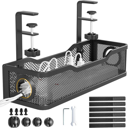 Under Desk Cable Management Tray Black, Cinati Wire Organizers No Drill, Cable Tray with Clamp for Wire Management