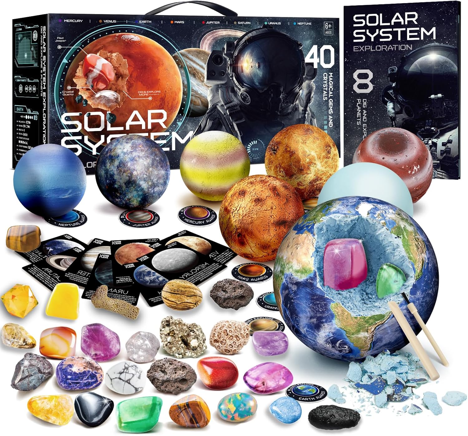 Gemstone Dig Kit - 40 Real Gems & Crystals, STEM Toy for Kids 6+ | 8 Planets Solar System Digging Kit, Mining Tools &