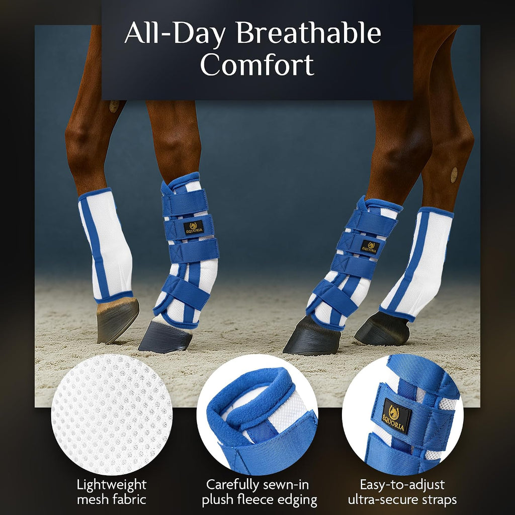 Premium Fly Boots for Horses (4 Pieces) –Durable and Comfortable Fly Leg Wraps for Big Horses – Protective Outer Mesh