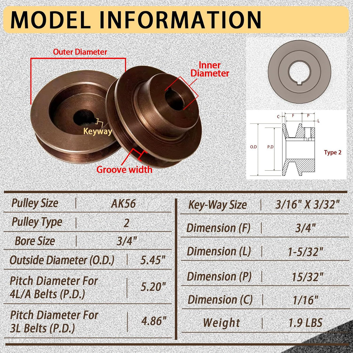 AK41 V-Belt Pulley 3/4" Bore Cast Iron with Keyway Phosphate Coated Includes 2 Set Screws and Key for A 3L 4L Belts
