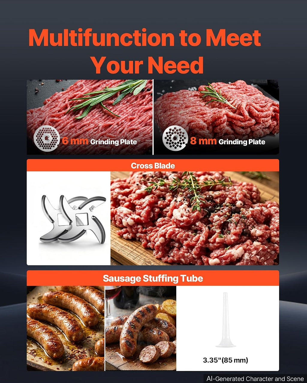661 Lbs/Hour800 W Machine, 1.5 HP Electric Mincer with 2 Grinding Plates, Sausage Kit Set Meat Grinder Heavy Duty