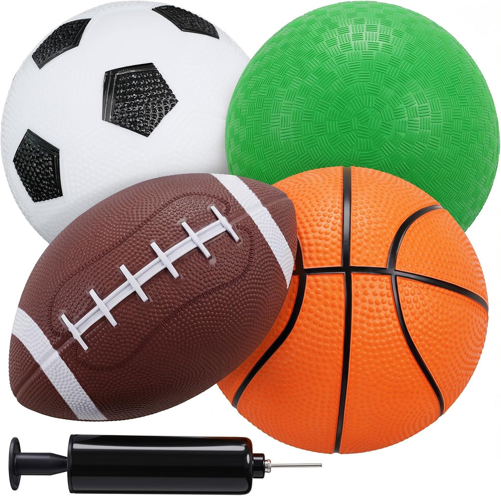 4-Pack Sports Balls for Toddlers & Kids, Playground Balls with Pump, 5-Inch Soccer Ball, Basketball, Kickballs