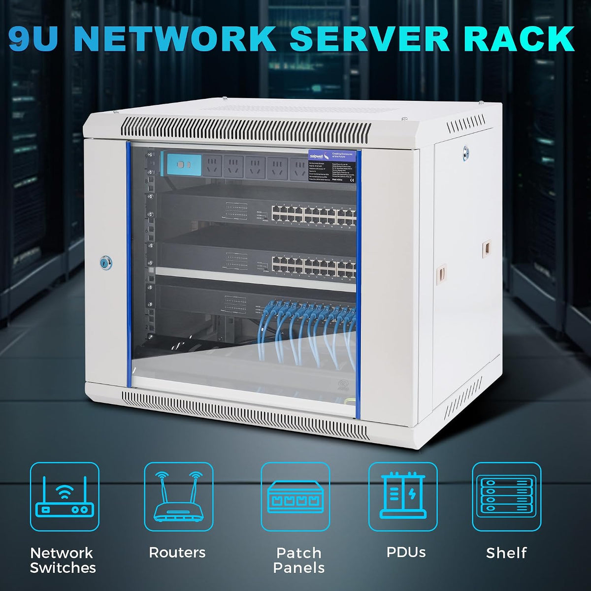 9U Rack, 17.7" Depth Wall Mount Rack Network Cabinet for Office