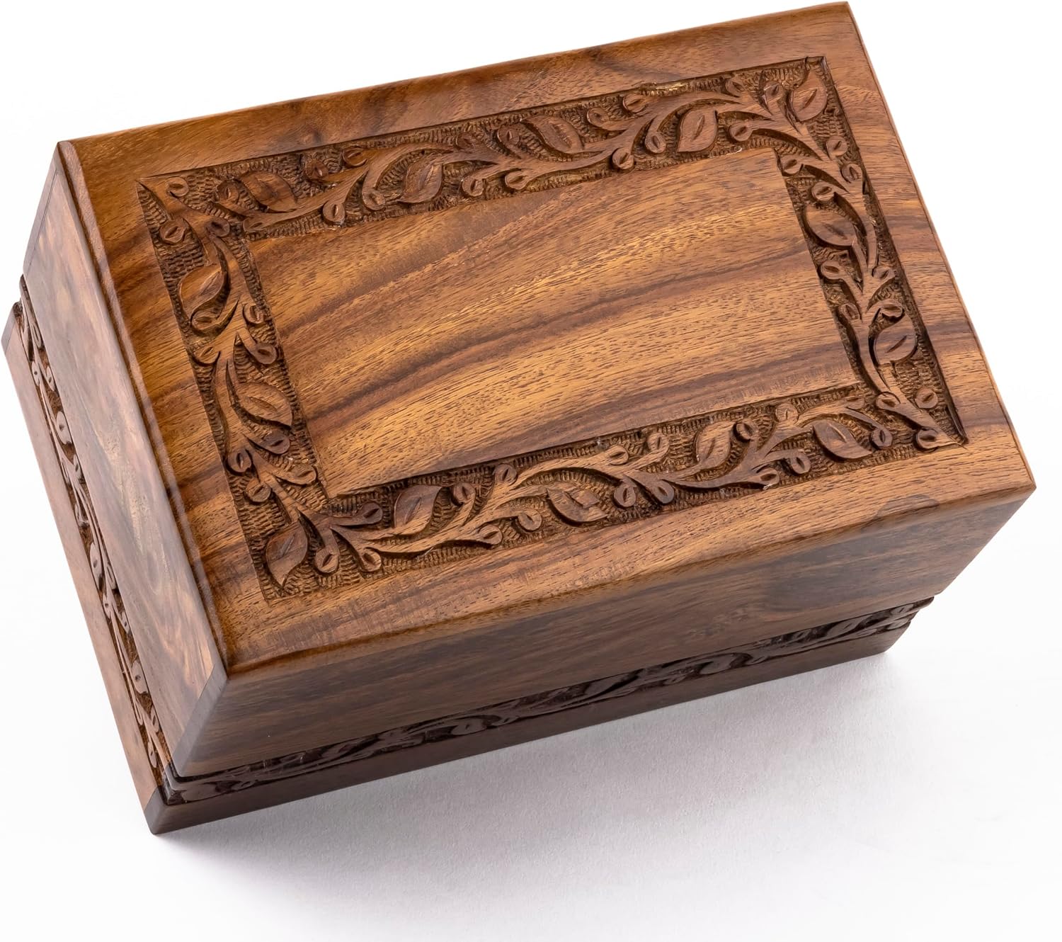 Rosewood Cremation Urn for Human Ashes, Carved Border, Medium 110 lb
