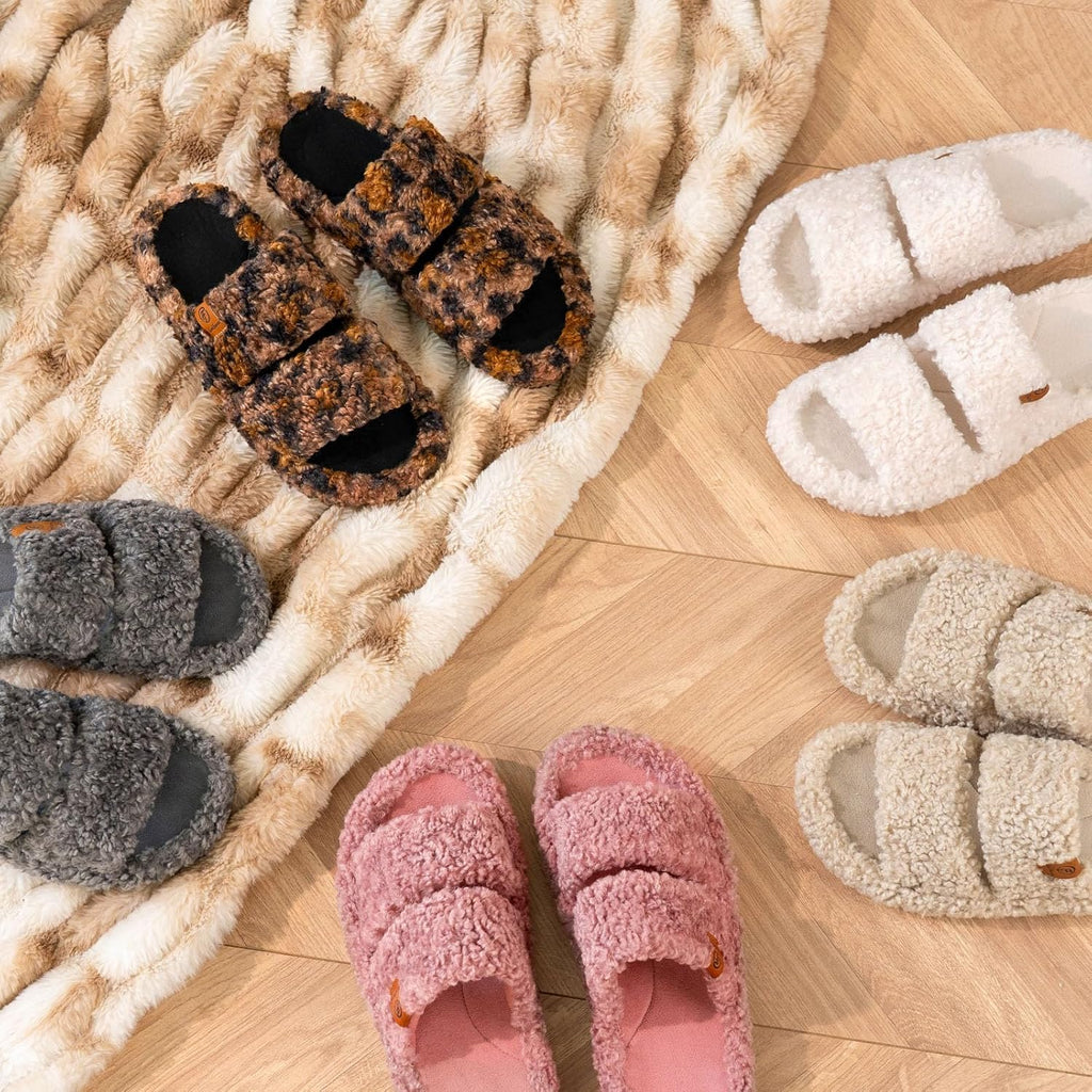 Womens Fuzzy Open-toe Slippers Memory Foam Indoor House Shoes | machine-washable,gifts,memory foam,anti-slip
