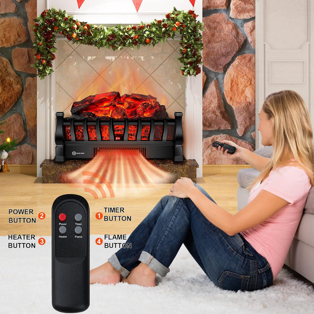 Electric Fireplace Logs Inserts Heater with Remote Control for Home Decor | 5 Flame Brightness, 24H Timer