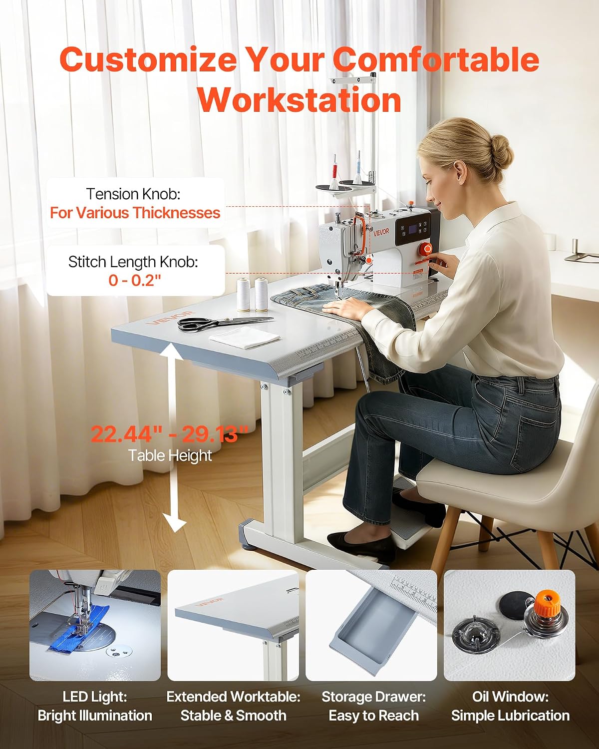 Industrial Lockstitch Sewing Machine, 550W Commercial Set with Servo Motor & Table Stand, 5000 SPM High Speed, Metal